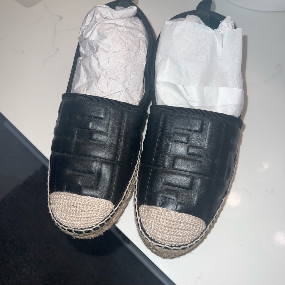 Fendi Black Leather Espadrilles with Cream Jute Toe Cap